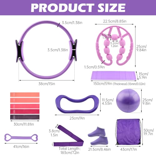 Pilates Equipment Kit for Home Workout, Pilates Ring and Ball Set with 5 Resistance Bands, mag-ic Circle Compact Toning Fitness Essentials Starter Set Accessories, Core Sliders, Socks, Bag - color: purple