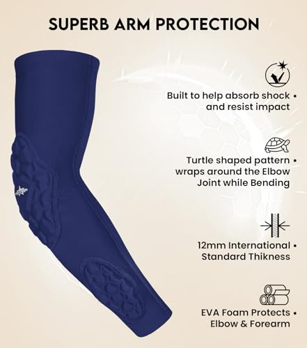 Compression Padded Arm Sleeves for Youth & Adults - Elbow & Forearm Support - Breathable Football Padded Sleeves - color: Navy, size: Youth Large/X-Large