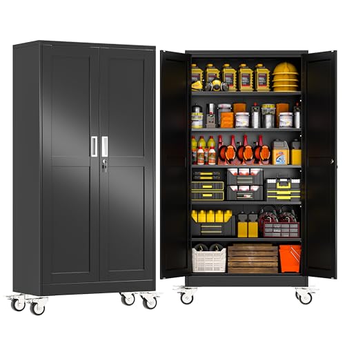 GAIOUS 73.6” Tall Metal Garage Storage Cabinet with Lock, Steel Tool Cabinet with 5 Adjustable Shelves, New Upgrade Lockable File Cabinet with Wheels, Organization for Home Office Garage Gym - Black - color: Black, size: 17.7"D x 35.4"W x 73.6"H