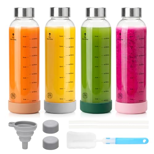 Zukro Glass Juice Bottles with Stainless Steel Lids 18 oz, Airtight & Leak Proof, Non-Slip Bottom, Measured Markings, 4-Pack Reusable Clear Jars for Water, Juicing, Smoothie, Protein Shakes, BPA Free - size: 4 pack