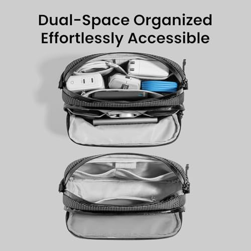 tomtoc Electronic Organizer Travel Case Performance, Water Resistant Dual Compartment Cable Organization Storage Bag for Charger, Cord, Phone, Hard Drive, Power Bank, Accessories Travel Essentials - color: Black Plaid, size: Medium