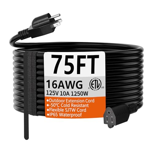 HUANCHAIN 75 FT 16 Gauge Black Indoor Outdoor Extension Cord Waterproof, Flexible Cold Weather 3 Prong Electric Cord Outside, 10A 1250W 125V 16AWG SJTW, ETL Listed - color: Black, size: 75FT, style: 16/3 Extension Cord