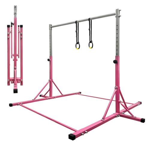 Gymnastics Bar for Kids Girls Ages 3-15 with Ring for Home Indoor Training Equipment- Steady Steel Construction, Anti-Slip, Easy to Assemble, 3' to 5' Adjustable Height - color: PINK, size: 4.8FT, style: FOLDABLE BAR WITH RING