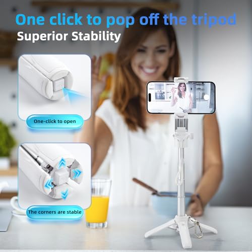 MQOUNY for Magsafe Tripod Stand for iPhone,Portable Pocket Size Selfie Stick with Rechargeable Remote and Metal Ring,Extendable Detachable Cell Phone Tripod Compatible with iPhone/Android (White) - color: White