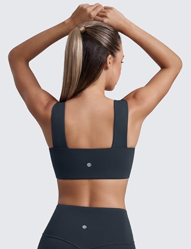 CRZ YOGA Butterluxe Wide Strap Sports Bras | Light Support, Removable Pads, Yoga, Extremely Soft, Square Neck, Front Split Line, for Women - color: True Navy, size: XX-Small