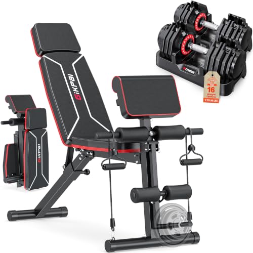 GIKPAL Adjustable Weight Bench - Workout Bench Press for Home Gym, Foldable Incline Decline Sit up Exercise Bench for Full Body Strength Training w/Leg Extension and Preacher Pad - color: Weight Bench & Max 16-Gear 80lbs Pair