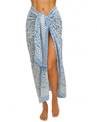 100% Cotton Hand Block Print Pareo Sarong Swimsuit Wrap Skirt Cover Up Long Women’s Apparel Fabric Beach Bikni (73" x 44") - color: Blue 7
