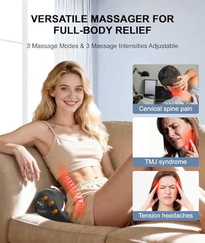 Neck Massager with Heat, Red Light & Vibration Adjustable, Heated Neck Stretcher with 3 Modes, Rechargeable Cervical Traction Device for Pain Relief & Muscle Relaxation, Gift for Women Men - color: Black