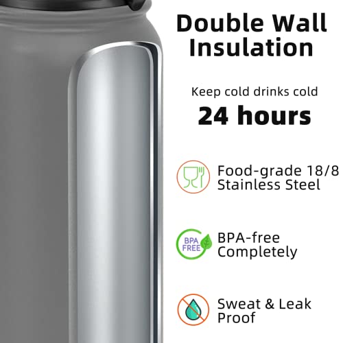 Fanhaw 40 oz Insulated Stainless Steel Water Bottle with Chug Lid, Leakproof & Sweat-Free Extra-Large Metal Bottle for Outdoor, Hiking & Gym (Gray) - color: Gray, style: 40 Ounces