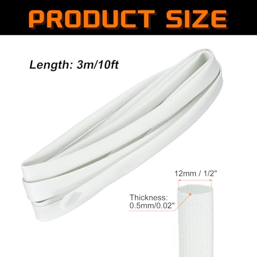 MECCANIXITY 10ft Braided Cable Sleeve, 1/2" ID 200C Heat Resistant 1500V Fiberglass Wire Insulation Cord Protector Organizer Wires Management for Motor Engine Fuel Line, White - color: White, size: 10ft-12mm