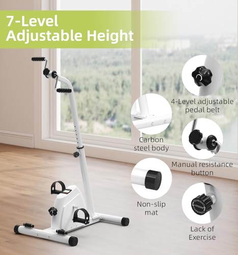 HOMGIM 2-in-1 Pedal Exerciser for Arms & Legs – Adjustable Resistance Sit-Down Bike for Seniors, Stroke Recovery & Physical Therapy – Portable Under Desk Knee Peddler for Home Rehab（White）