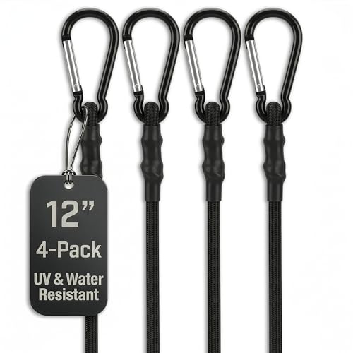 Bungee Cords with Carabiner Hooks Heavy Duty, 12", 200 Lbs Load, 4 Pcs | Elastic Tie Down Straps, Rubber & Latex, Anti-Rust Steel Hooks, 2X Stretch, Waterproof, UV Resistant; Camping, Tarps & Car - size: 12 Inch (Pack of 4)