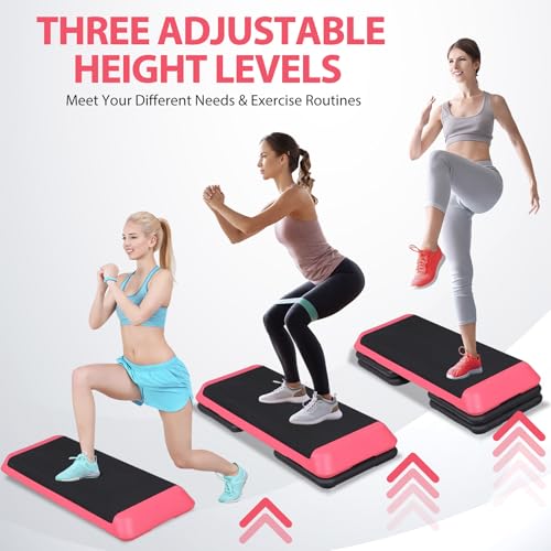 ZENY 43'' Exercise Aerobic Step Platform, Adjustable Fitness Stepper with 4 Stackable Risers, Aerobics Stepper Workout Stepper for Home Gym Cardio Strength & Training - color: Rose Pink