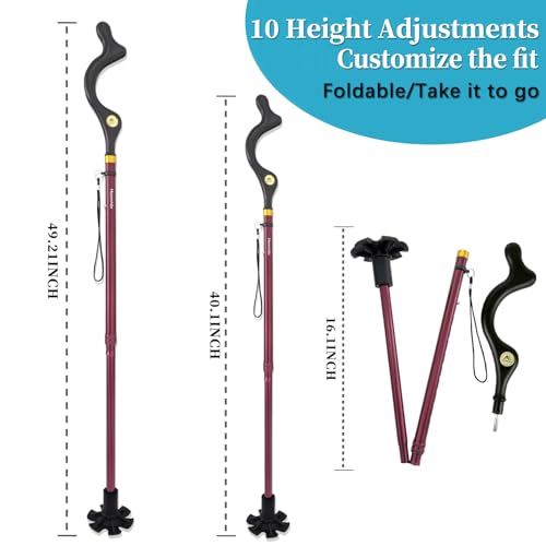 Walking Cane Foldable for Men & Women Seniors for Balance,Self Standing Folding,Height Adjustable Anti-Slip Lightweight Alloy Walking Stick for Travel Mobility Aid - color: Wine Red