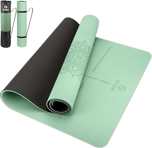 Gruper Yoga Mat Non Slip TPE Extra Wide Yoga Mat with Alignment Mark, 72"L x 32"W x 0.32"/0.24"Th (183cm x 80cm x 8mm/6mm), Anti-Tear Exercise Mat with Carrying Strap and Bag, Workout Mats for Yoga, Pilates - color: Green Black, size: 0.24*32*72 Inches