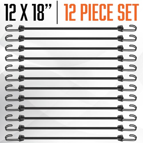 18 Inch Bungee Cords with Hooks - 12Pcs Bungie Set Heavy Duty Outdoor | Black Bungee Cords with Hooks - Strong Bungie Straps UV & Weather Resistant - Bungy Cords 200lb Strength - size: 18” (12 Piece)