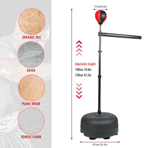 Boxing Bag with Stand, 46.4"-72.8" Height Adjustable Freestanding Spinning Bar, Boxing Reflex Bag for Home Gym & MMA Training - color: Red Black