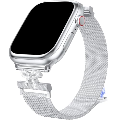 Metal Band Compatible with Apple Watch Bands for Women 38/40/41/42/44/45/46/49mm, Bow-Shaped Diamond Stainless Steel Magnetic Mesh Strap for iWatch Series 11 10 9 8 7 6 5 4 3 2 1 SE Ultra - color: Silver, size: 38mm/40mm/41mm