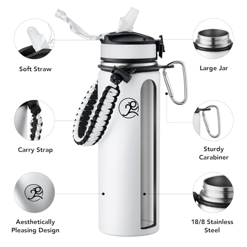 GOSWAG 24oz Insulated Stainless Steel Travel Water Bottle, 2 Lids | with straw and no straw, Paracord handle, Double-wall vacuum keeps drinks cold or hot, Leakproof tumbler - color: Matte White