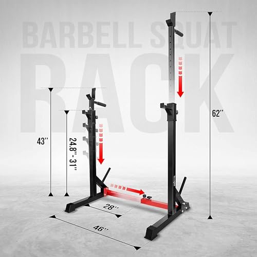 Yes4All Squat Rack for Home Gym, Adjustable Barbell Stand Rack, Multi-Function Weight Lifting, Dip Bar Station, Bench Press Rack Stand, Weight Plate Storage - Capacity Up to 600LBS - color: Adjustable Squat Rack - Black & Red - 690 lbs