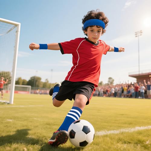 ONUPGO 5 Pieces Kids Sweatbands Soccer Socks Set - Sports Headband, Wristbands, Striped High Socks for Kids, Youth,Toddler & Baby - Football, Basketball, Running, Cycling, Tennis - color: Blue