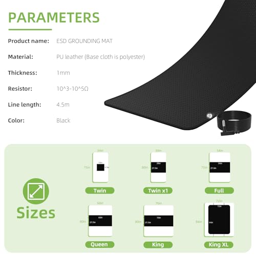 Grounding Mat for Bed, Grounding Pad Improves Sleep, relieves Stress, with Static grounding Cord and Test Pen (Black, (76.3 * 27 inch))