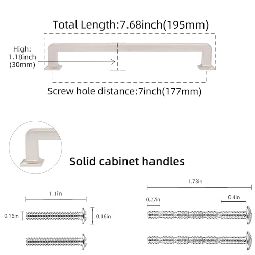 10 Pack 7 inch(177mm) Brushed Satin Nickel Kitchen Cabinet Handles Cabinet Pulls Sliver Drawer Pulls Kitchen Cabinet Hardware Handles Dresser Handles - color: Brushed Satin Nickel, size: 7" Hole Center（177mm）
