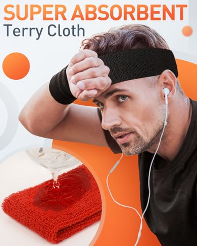 Tanluhu Sweatbands Sport Headbands for Men & Women,Terry Cloth Sweat Band for Tennis, Running, Basketball, Working Out, Exercise- Athletic Sweat Cotton Headband Outdoor - color: Black/White/DPBlue/Red
