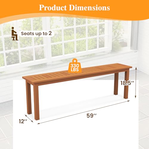 Tangkula Outdoor Wood Bench, 59” Long Patio Dining Bench, Backless Wooden Bench with Teak Oil Finish & Slat Seat, Accent Entryway Bench, Farmhouse Bench for Yard, Garden, Porch, Indoors - size: 59"