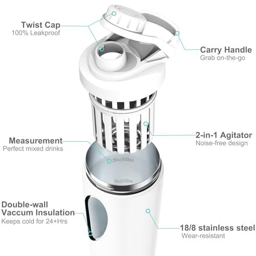 Greatyos Stainless Steel Shaker Bottle with Noise-Free Design - Patented 24 oz Insulated Metal Shakers Bottles Cup for Protein Mixes and Pre Workout 100% Leak Proof (White) - color: White