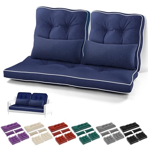 Chunful Set of 5 Outdoor Bench Cushions Set 44 x 19 Inch Tufted Waterproof Patio Furniture Seat Pad with Throw Pillows Loveseat Cushion for Square Settee Indoor Sofa Wicker Couch(Navy Blue) - color: Navy Blue