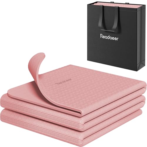 Readaeer Foldable Yoga Mat for Travel Folding Yoga Mat 6mm Thick with Carrying Bag, Non-Slip TPE Exercise Pilates Mat for 72" L x 24" W x 0.24 Inch | TPE Exercise Mat With Carrying Bag for Home Workout, Yoga, Pilates, Stretching - color: Pink