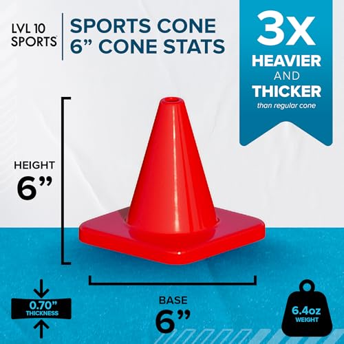 LVL10 Pro Training Cones - 6" Soccer Training Cones for Sports - for Basketball, Football, Basketball and Agility Drills - Soccer Field Markers that Won't Crack, Slide or Fly - color: Blue, style: 12 Pack with Stickers