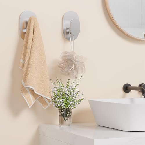 Aikzik Adhesive Towel Hooks - 26LB Heavy Duty Wall Sticky Waterproof Hooks for Hanging Coat, Towel, Robe, Wall Mount Stainless Steel Hooks for Bathroom or Kitchen (Silver, 2 Pack) - color: Silver-2