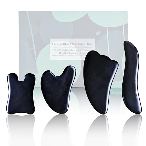Rena Chris Guasha Massage Tool, 4 pcs Gua Sha Facial Tool, Guasha Board for SPA Acupuncture Therapy Trigger Point Treatment, Gua Sha Scraping Massage Tool (Black) - color: Black