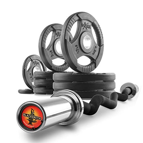 XMark Olympic Bar Curl Bar with Weights Offer, Olympic Weights Pair or Set of TRI-GRIP Olympic Weight Plates, Premium Quality, Rubber Coated XM-3377 with EZ Curl Bar, Black Manganese 28mm BLACKSMITH - color: 03) BAR and 65 lb Set
