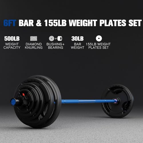 RitFit Barbell Weight Set - 4/6FT Olympic Barbell with Weight Plates (55-115LB Total) - Weightlifting Equipment for Squats, Curls, Deadlifts, Presses, Hip Thrusts - color: Black/Blue, size: 6FT With 155LB Plates