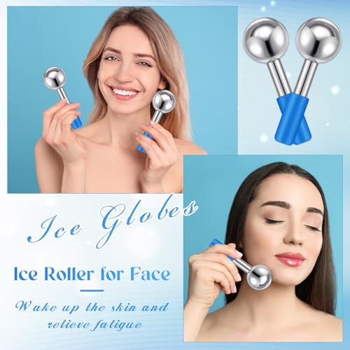 Baderke 2 Pcs Ice Globes for Face Stainless Steel Cooling Globes Unbreakable Cooling Roller Women Ice Balls Cryo Sticks Facials Skin Care for Dark Circles, Puffiness(Silver (Blue Handle)) - color: Silver (Blue Handle)