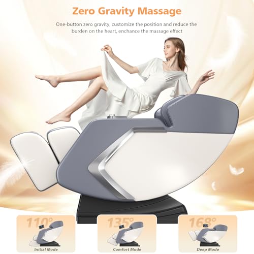 2026 Massage Chair Full Body, Zero Gravity Massage Recliner with Air Pressure, 10 Fixed Massage Rollers, Heating, Foot Roller, Bluetooth Speaker, for Home Office Men Women-Grey