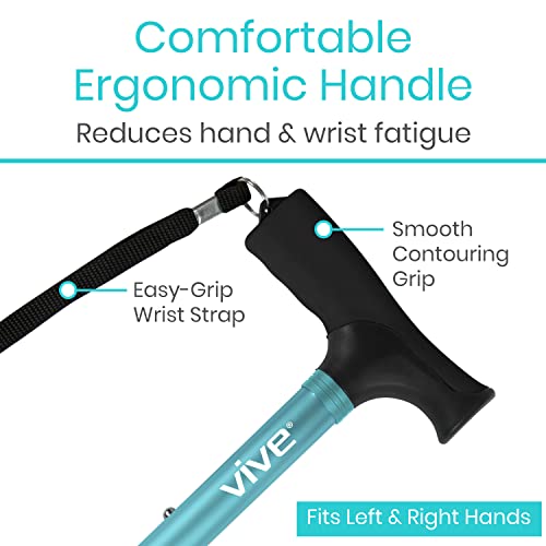 Vive Folding Cane - Foldable Walking Cane for Men, Women - Fold-up, Collapsible, Lightweight, Adjustable, Portable Hand Walking Stick - Balancing Mobility Aid - Sleek, Comfortable - color: Teal