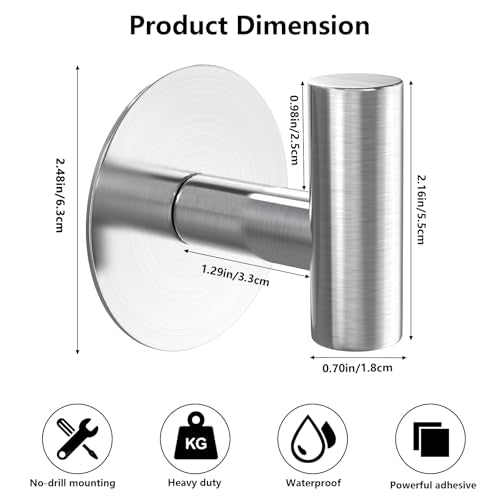 Heavy Duty Self-Adhesive Coat Hooks, Stainless Steel Towel Hooks for Bags, Towels, Robes, Hats, Aprons – No Drill Bathroom, Kitchen, Hotel Wall Hooks (Silver, 4 Pack) - color: Silvery, size: Adhesive "T" Shape- 4 Pack