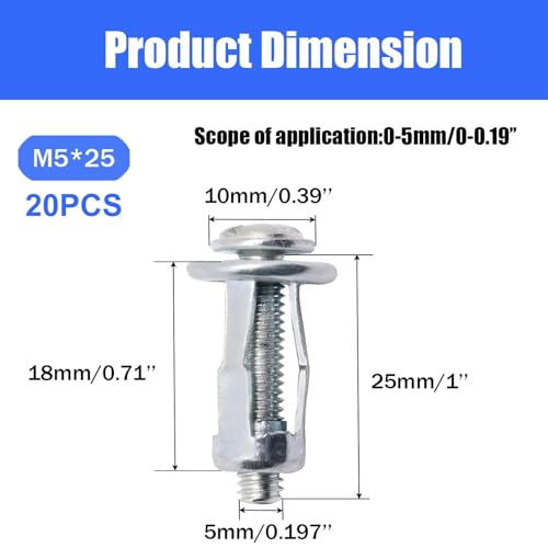 20pcs Hollow Wall Anchors for Thin Walls Heavy Duty, M5 x 1" - size: M5 x 25mm