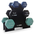 HolaHatha 1, 2 and 3 lb Neoprene Dumbbell Strength Training Weight Set with Rack - color: Blues, size: 32 LB