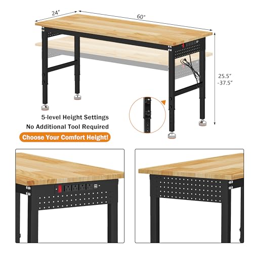 Betterhood Adjustable Height Workbench, 60" Rubber Wood Top Heavy Duty Workstation with Power Outlets, 2000 LBS Load Capacity Hardwood Worktable for Workshop, Garage, Office, Home, Commercial - size: Rubber Pad/ Power Outlets/ 2 Pegboard/ 60"x24"x37"