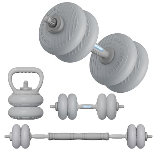 Adjustable Dumbbell Set 13LB/18LB/22LB/35LB, 4-in-1 Soft Shell Weight Set with Connector, Converts to Barbell & Kettlebell, Strength Training Equipment for Home Gym, Ideal for Women & Beginners - color: Grey-35 LB