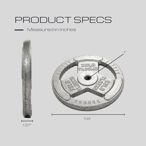 HulkFit 1 inch or 2 inch Cast Iron Weight Plate Set with Multi-Grip Handles and Enamel Coated for Barbells & Strength Training - Grey - style: 1in - 25lbs (SINGLE)