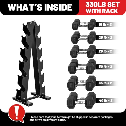 Hex Dumbbell Sets with Rack, 85-560lb Dumbbell Weight Set & Storage Rack | PAPABABE Dumbbell Set with Stand, Rubber Dumbbell Weight Set, Multiple Options Hand Weight for Strength Training - size: 330lb (15, 20, 25, 30, 35, 40lb)x2& Rack