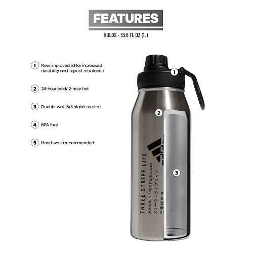 adidas Stainless Steel Metal Water Bottle 34 oz (1L) Screw Cap - color: Stainless Steel/Black/2