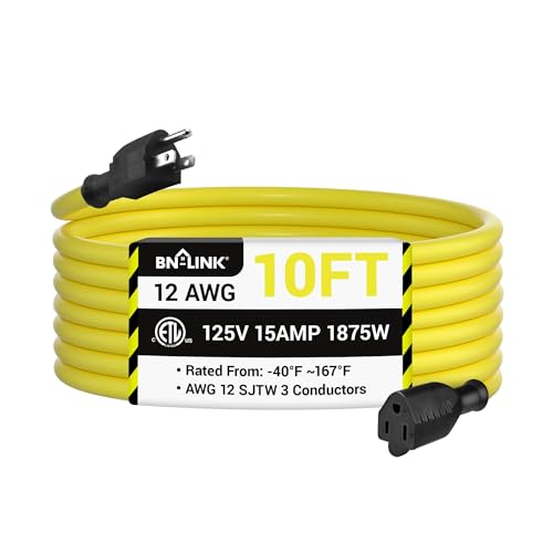 BN-LINK 10ft Outdoor Extension Cord, 12/3 SJTW Heavy Duty Power Cord, 3-Prong Grounded Plug, Weather Resistant, 15A, 1875W, Yellow, for Lawn, Garden, Appliances, ETL Listed - color: Yellow, size: 10FT