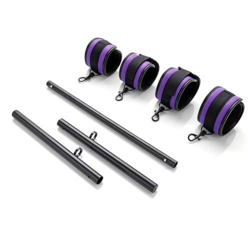 3 in 1 Heavy Duty Stainless Steel Expandable Spreader Bar with 4pcs PU Rose-Gold Adjustable Straps,Workout Bar for Home Gym Training Bar,Portable Detachable Pilates Kit - style: Black+Purple PU Kit